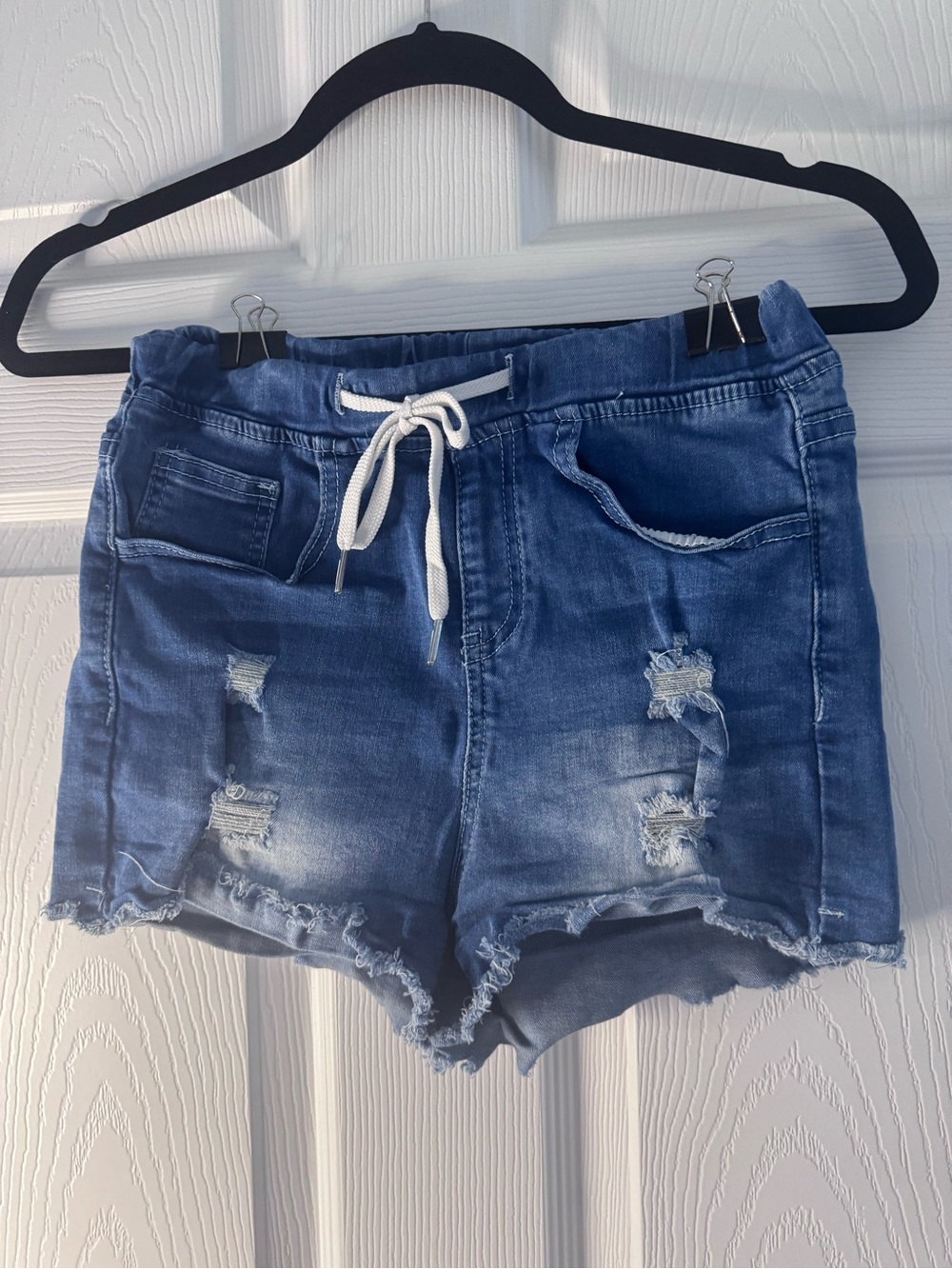 Women's Distressed Drawstring Denim Shorts - Blue